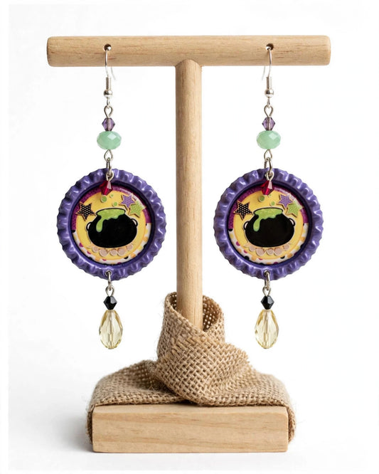 Halloween Cauldron Bottlecap Earrings - Spooky Cute Dangle Jewelry