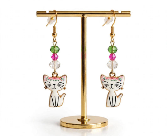 Whimsical Cute Cat Crystal Bead Enamel Earrings - Adorable Dangle Jewelry