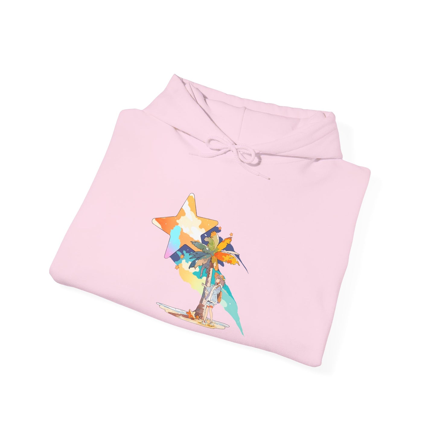 Anime Summer-Themed Unisex Heavy Blend™ Hooded Sweatshirt with Art of Girl & Coconut Tree under a Shooting Star - Warm Tropical Vibes