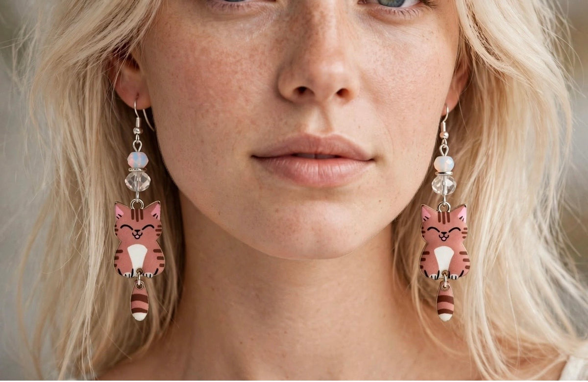 Swinging Cutie Kitty - Grinning Tabby Cat Enamel Earrings - Dangle Jewelry