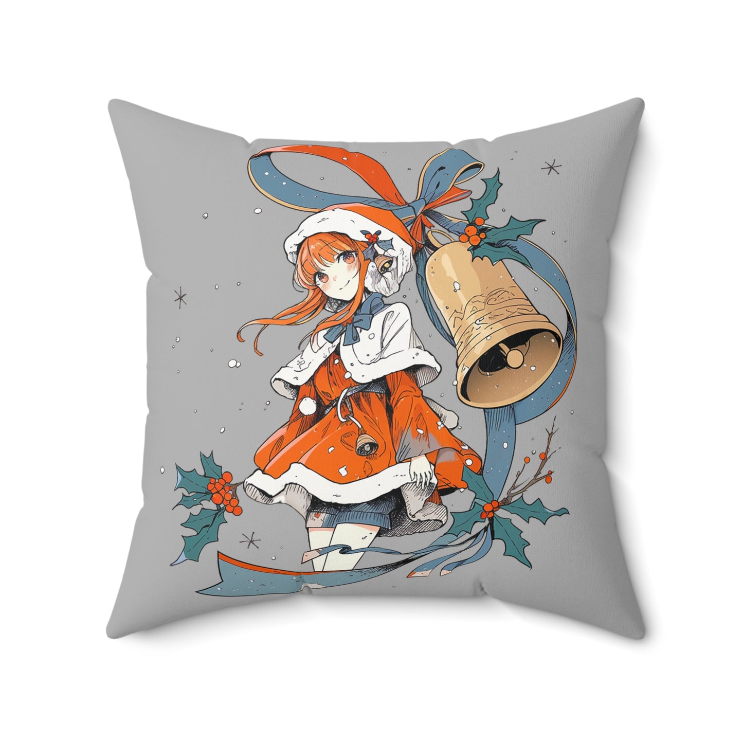 Anime Christmas - Cute Holly Holiday Girl Design - Spun Polyester Square Pillow - Kawaii Winter Gift