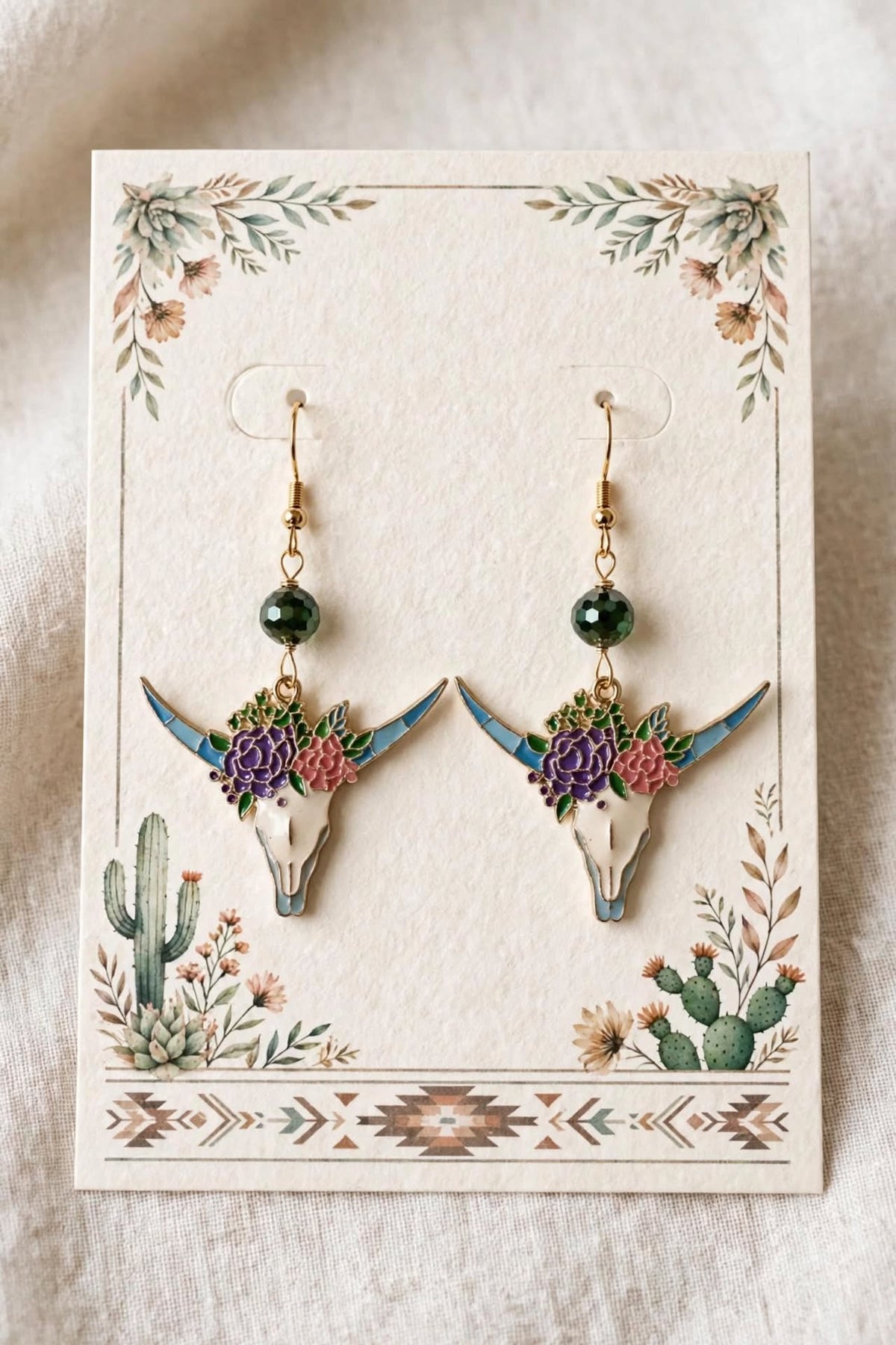 Bull Skull Floral Enamel Earrings - Vibrant Dangle Jewelry
