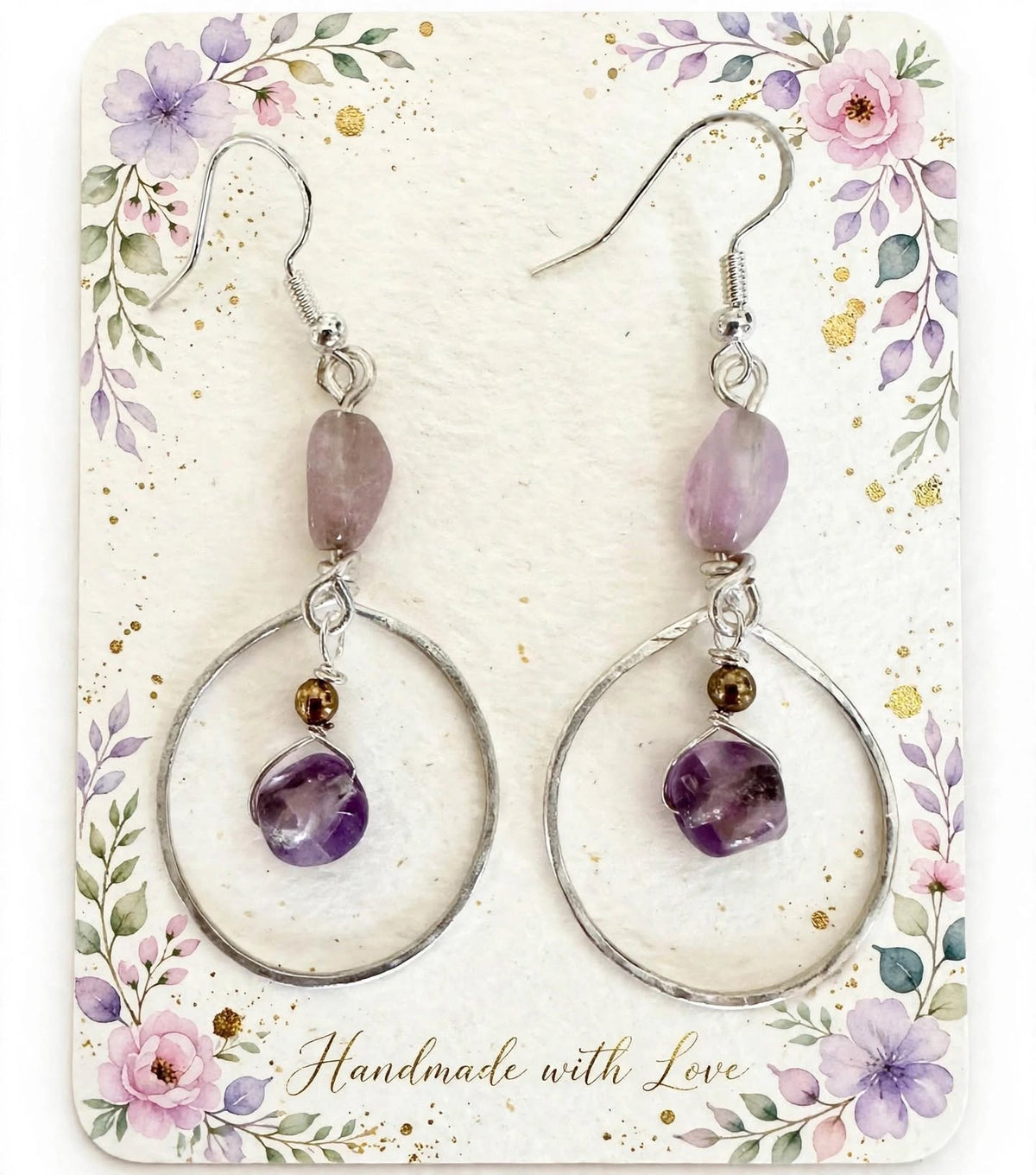 Pink & Purple Gemstone Metal Wire Earrings - Minimalist Dangle Jewelry