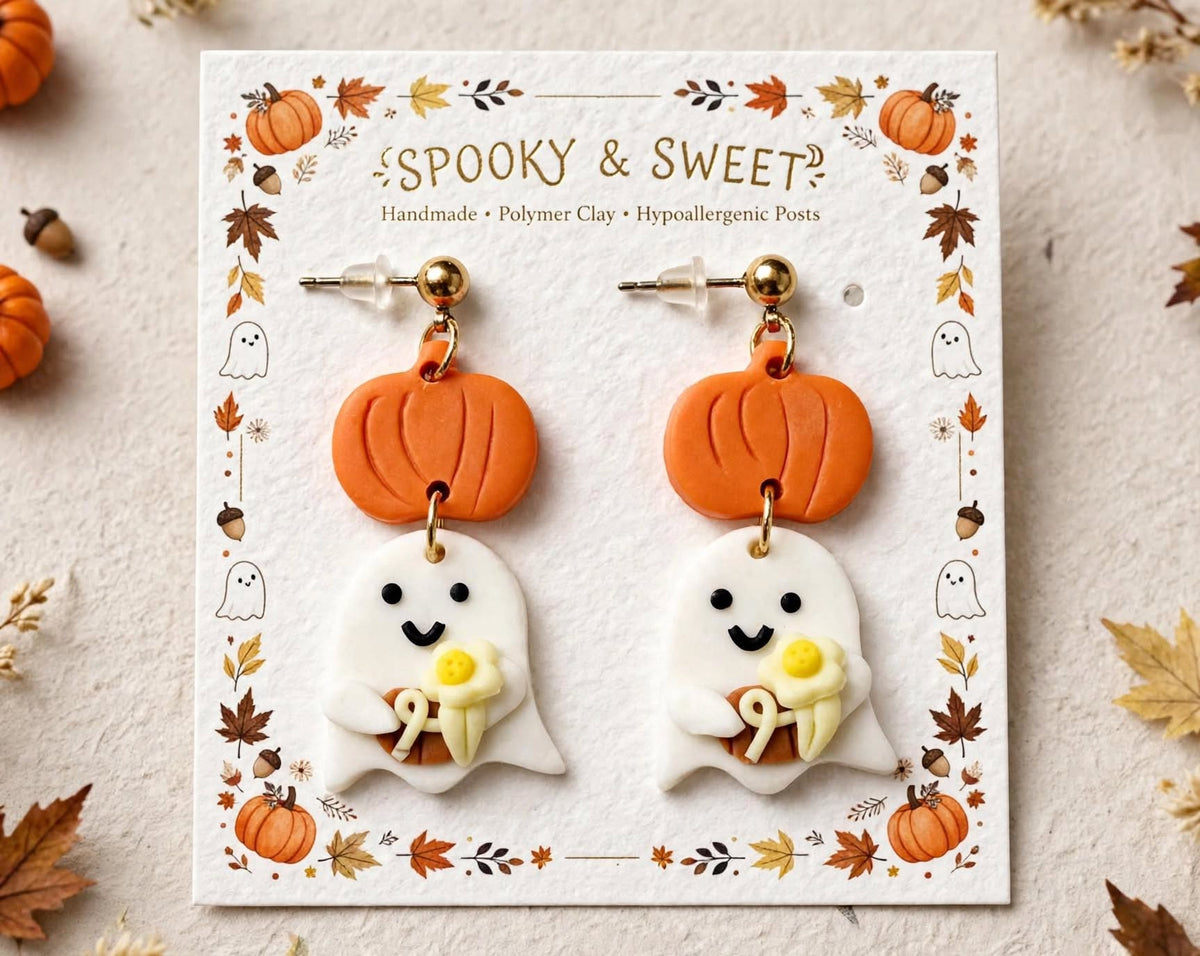 Floral Pumpkin Ghost Clay & Resin Earrings - Festive Cute Dangle Jewelry
