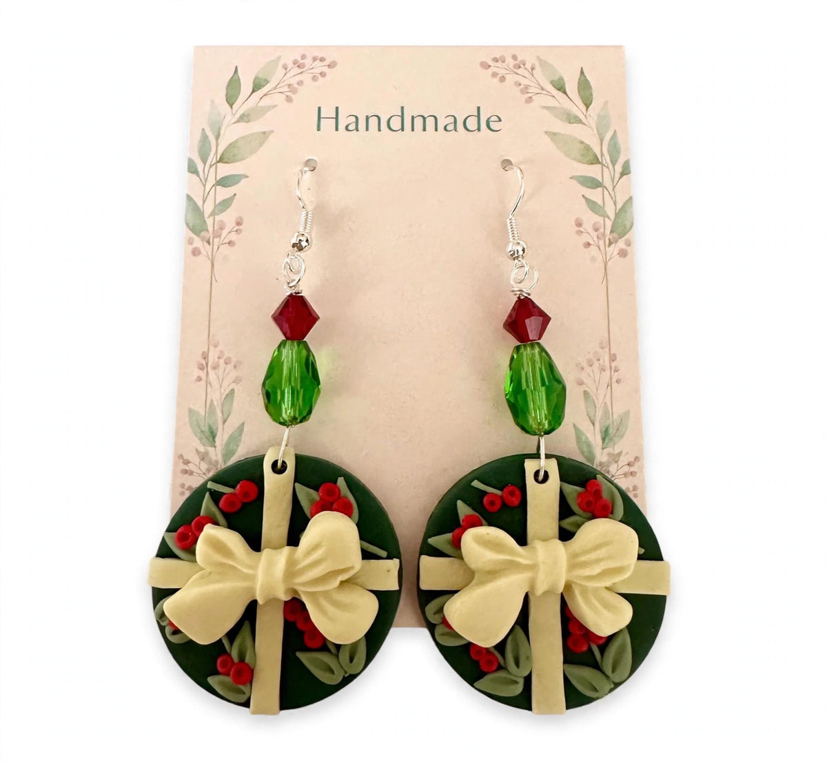 Rounded Holiday Bow Clay & Resin Earrings - Holiday Dangle Jewelry
