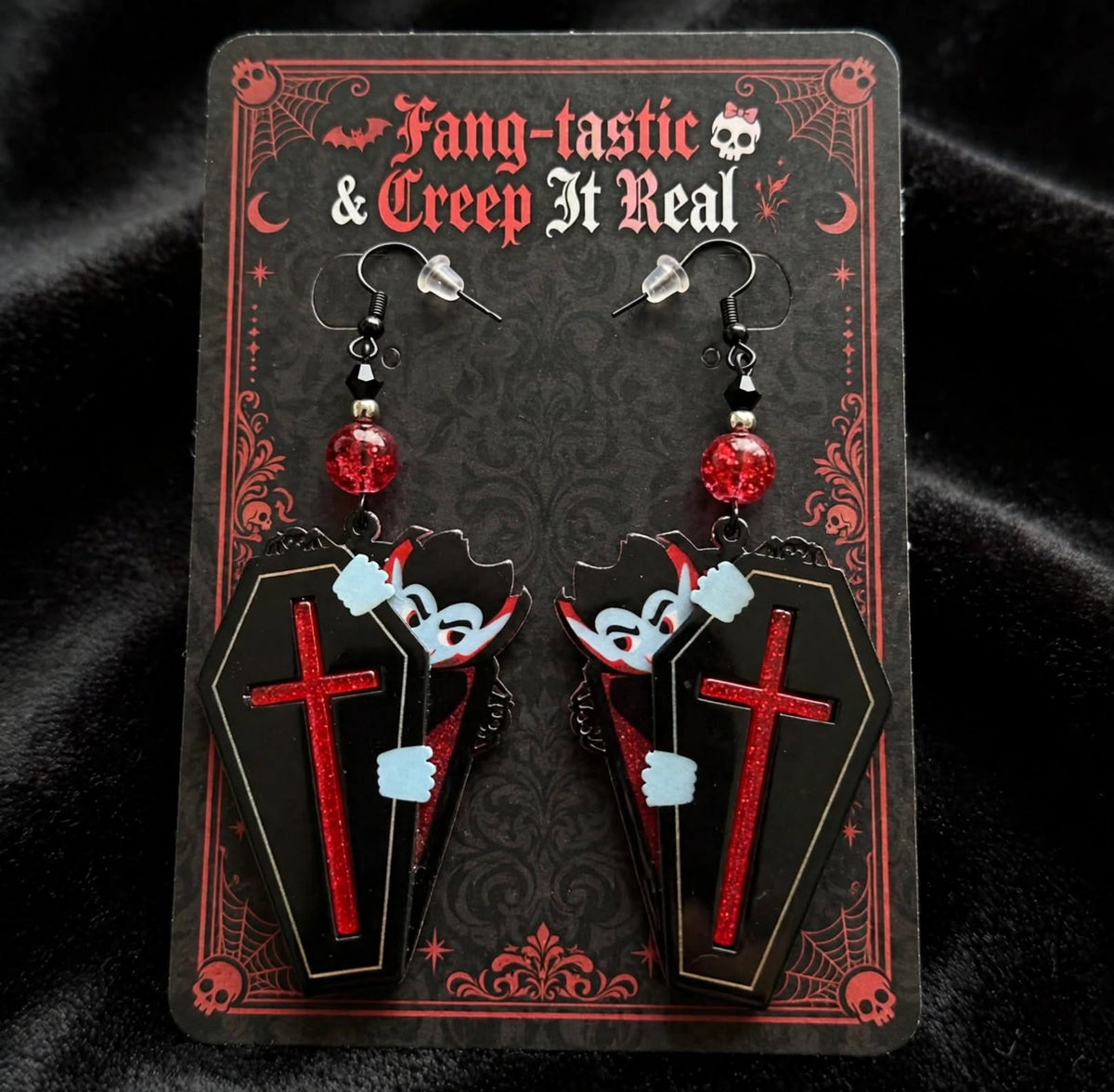 Vampire Coffin Halloween Dangle Earrings - Spooky Acrylic Jewelry