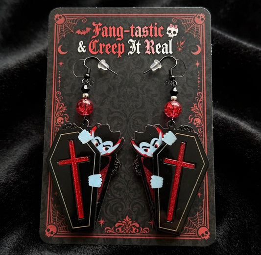 Vampire Coffin Halloween Dangle Earrings - Spooky Acrylic Jewelry