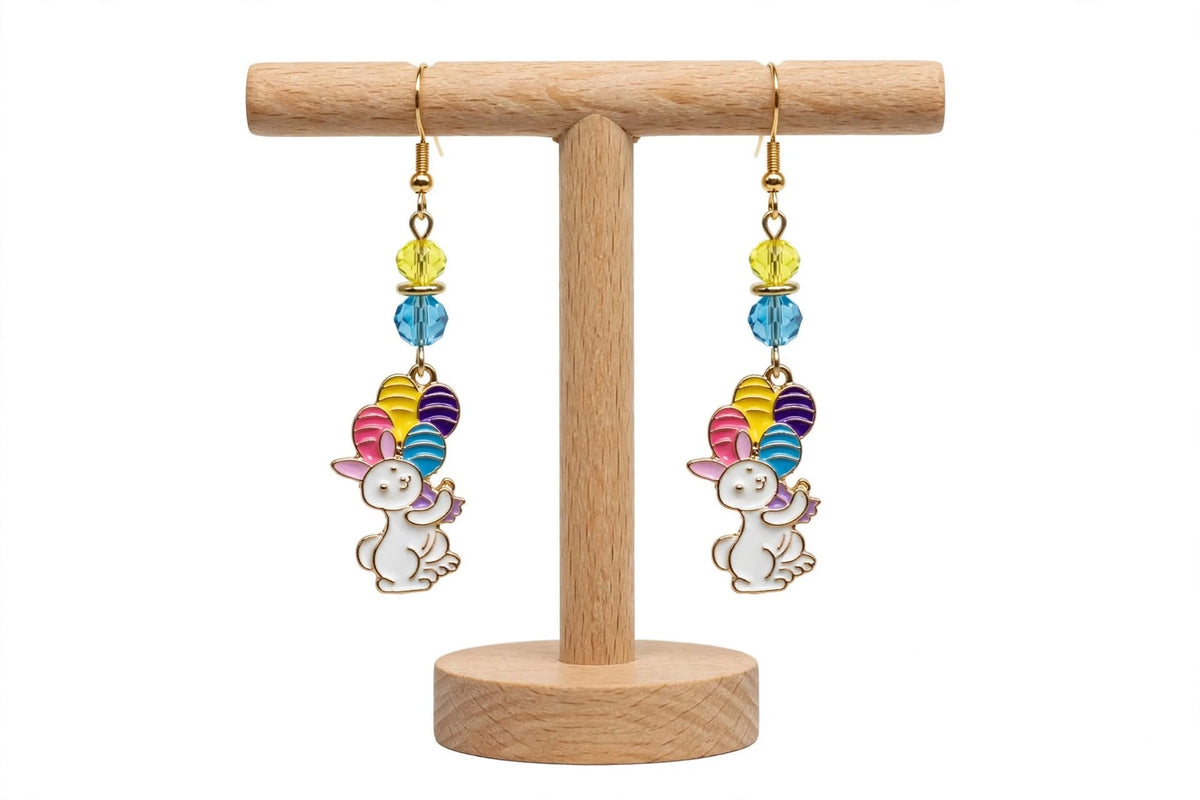 Egg Balancing Easter Bunny Enamel Charm Earrings - Dangle Jewelry