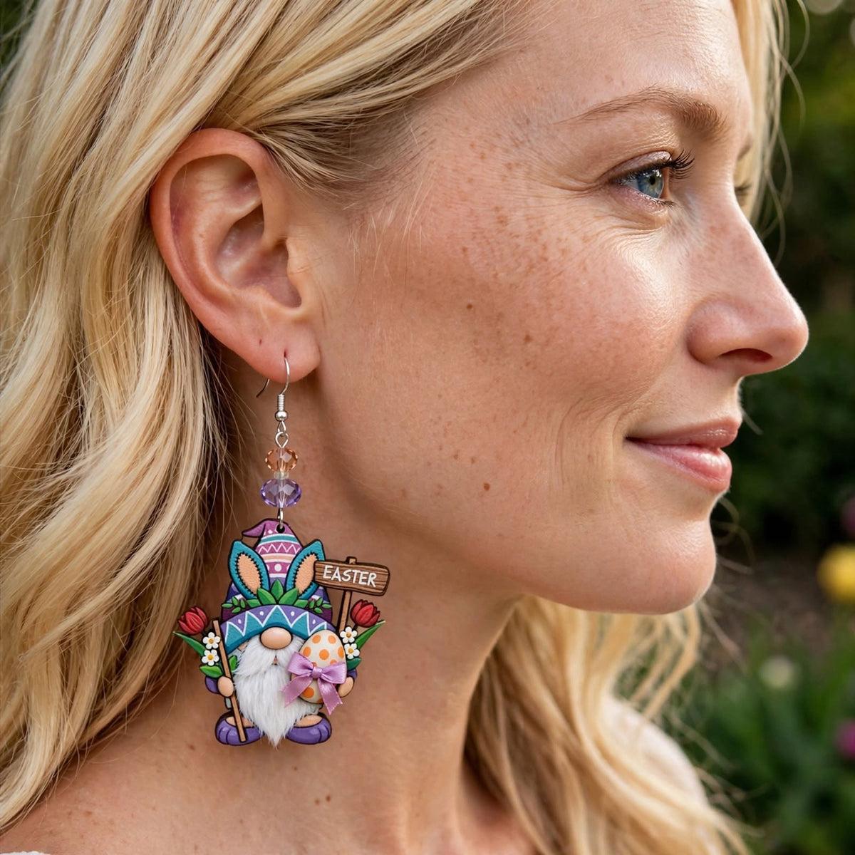 Easter Sign Gnome Wood Earrings - Colorful Dangle Jewelry