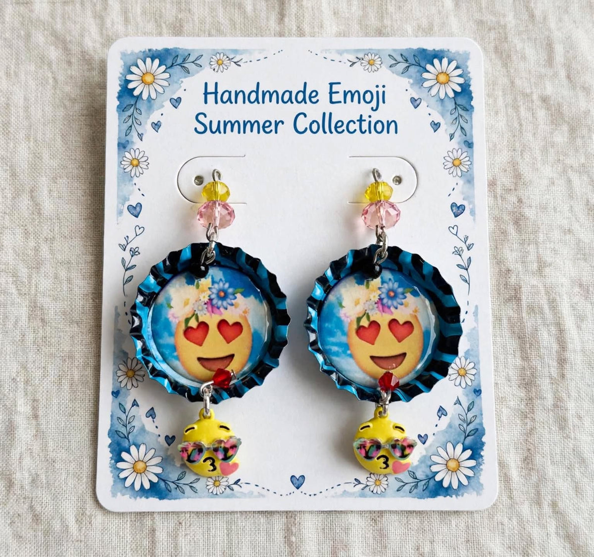 Flowery Heart Emoji Bottlecap Earrings - Silly Cute Dangle Jewelry