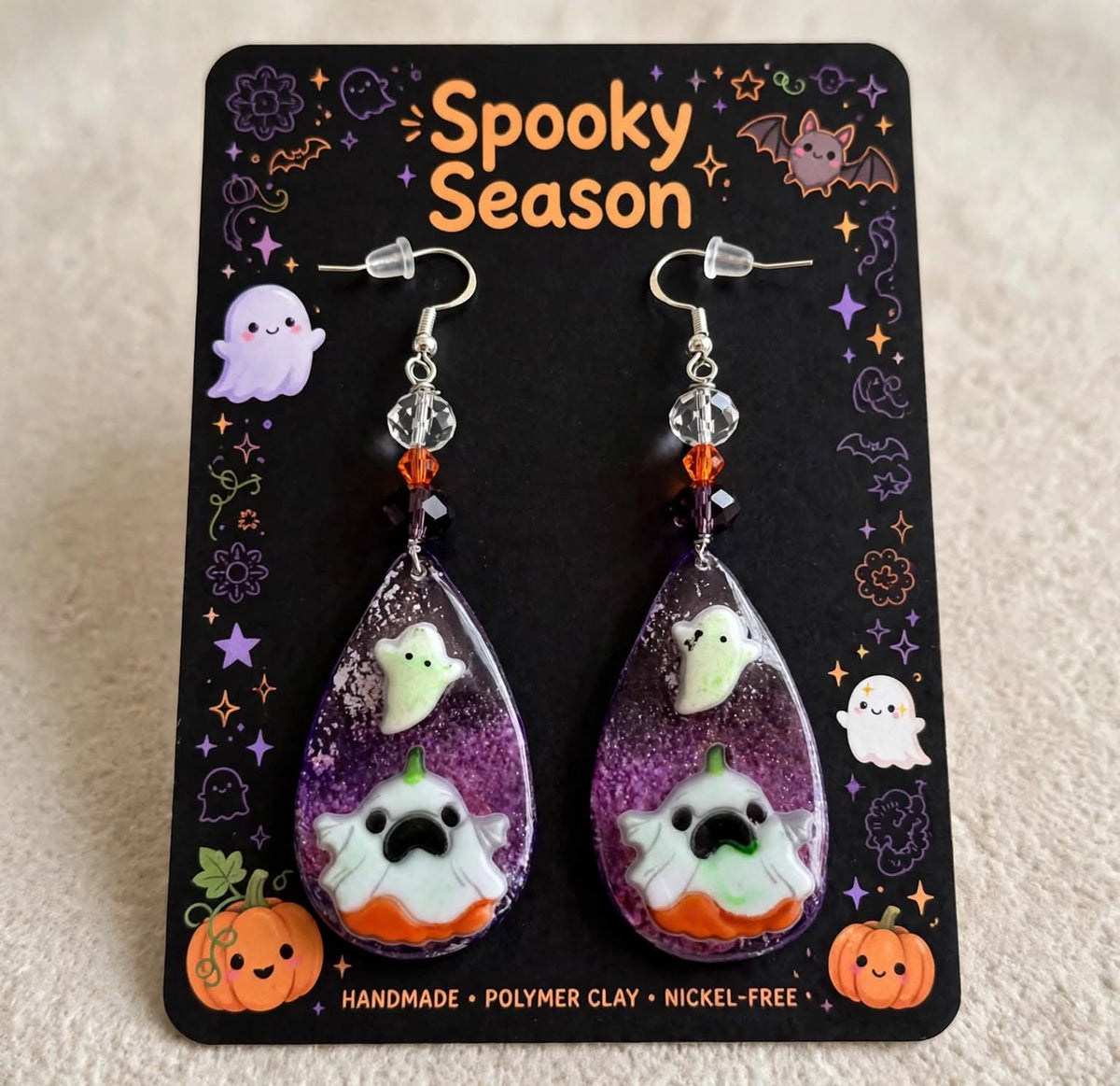Handmade Ghostly Teardrop Earrings - Cute Clay and Resin Design