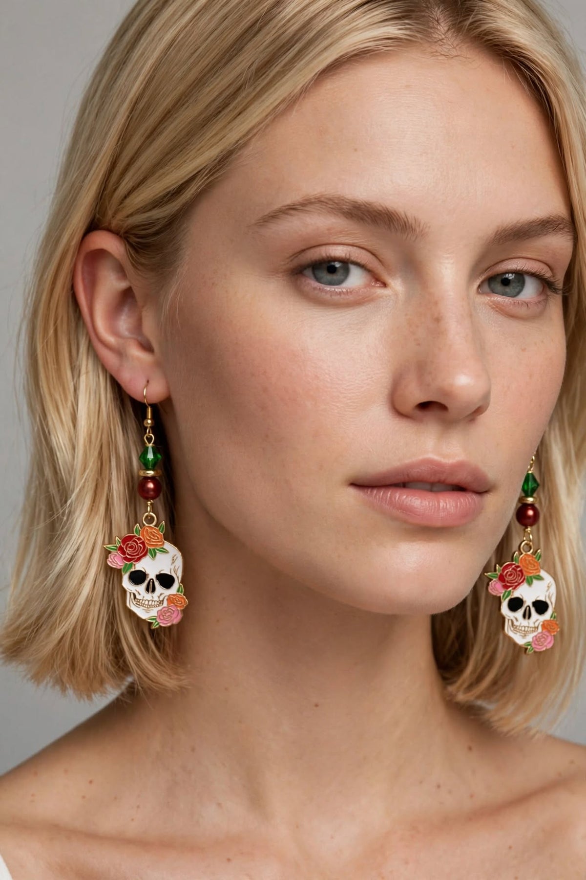 Floral Crown Sugar Skull Enamel Earrings - Unique Dangle Jewelry