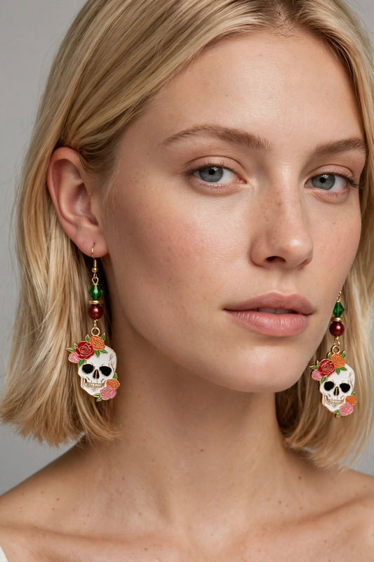 Floral Crown Sugar Skull Enamel Earrings - Unique Dangle Jewelry