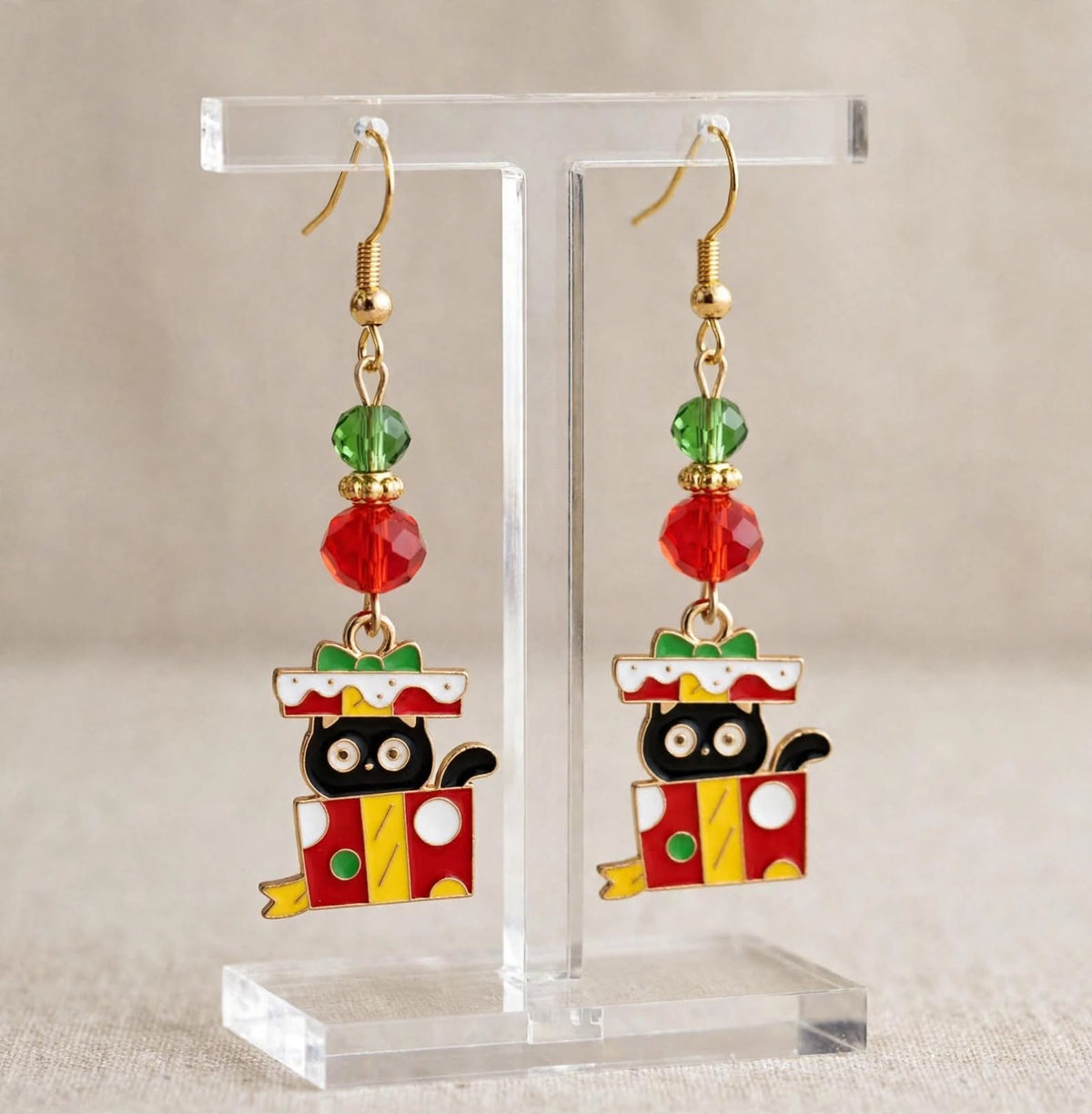 Christmas Cat Present Enamel Earrings - Colorful Cute Dangle Jewelry