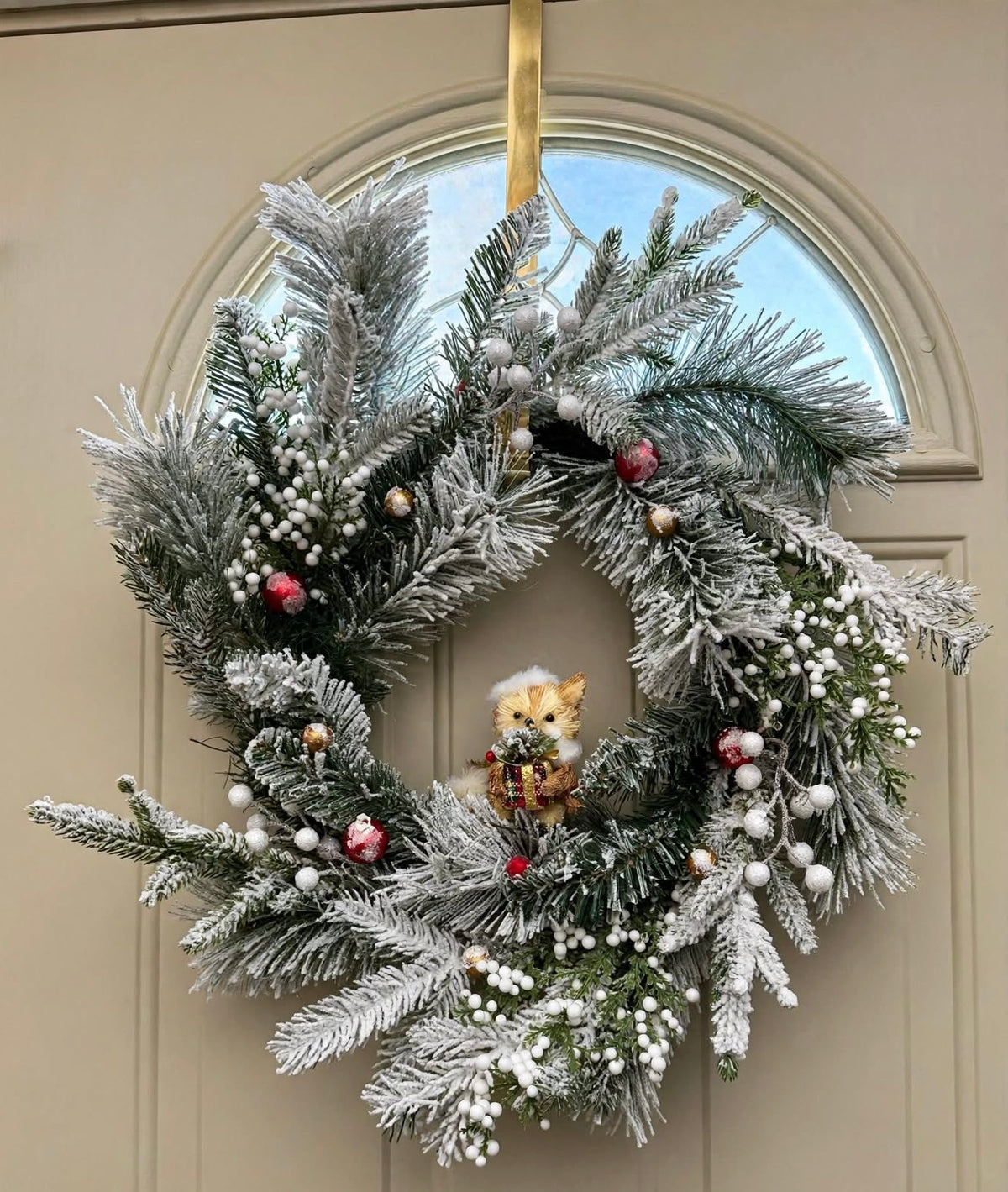 Flocked Christmas Wreath with White Berries, Red Ornaments and Woodland Fox - Snowy Holiday Front Door Wreath