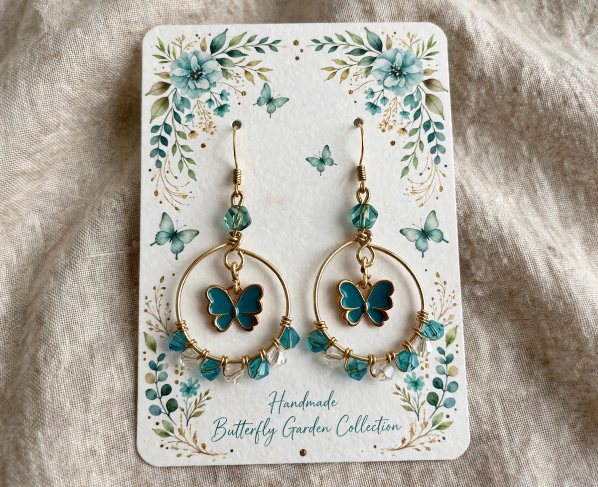 Gold & Blue Butterfly Metal Earrings - Elegant Hoop Jewelry