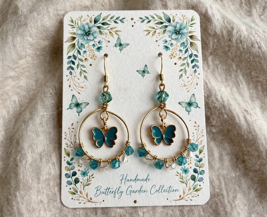 Gold & Blue Butterfly Metal Earrings - Elegant Hoop Jewelry