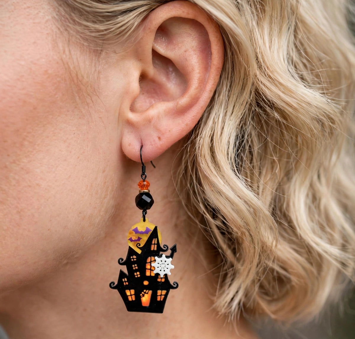 Haunted House Full Moon Acrylic Earrings - Halloween Dangle Jewelry