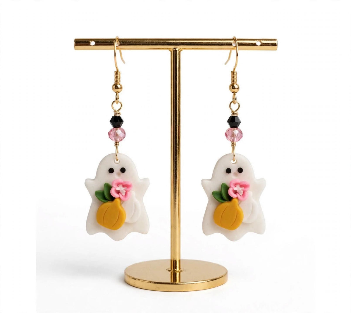 Flower Ghost Pumpkin Clay & Resin Earrings - Whimsical Cute Dangle Jewelry