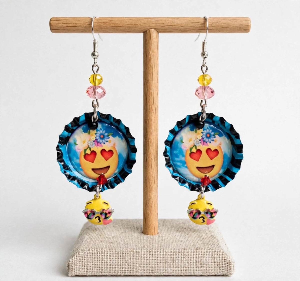 Flowery Heart Emoji Bottlecap Earrings - Silly Cute Dangle Jewelry