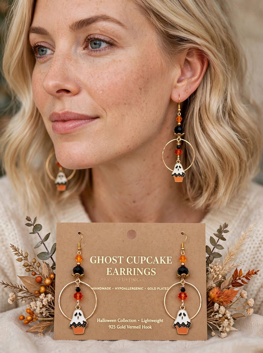 Ghost Cupcake Halloween, Earrings, Handmade Gold Hoop Dangle Earrings, Spooky Cute Ghost Earrings, Hypoallergenic- Fall Halloween Jewelry
