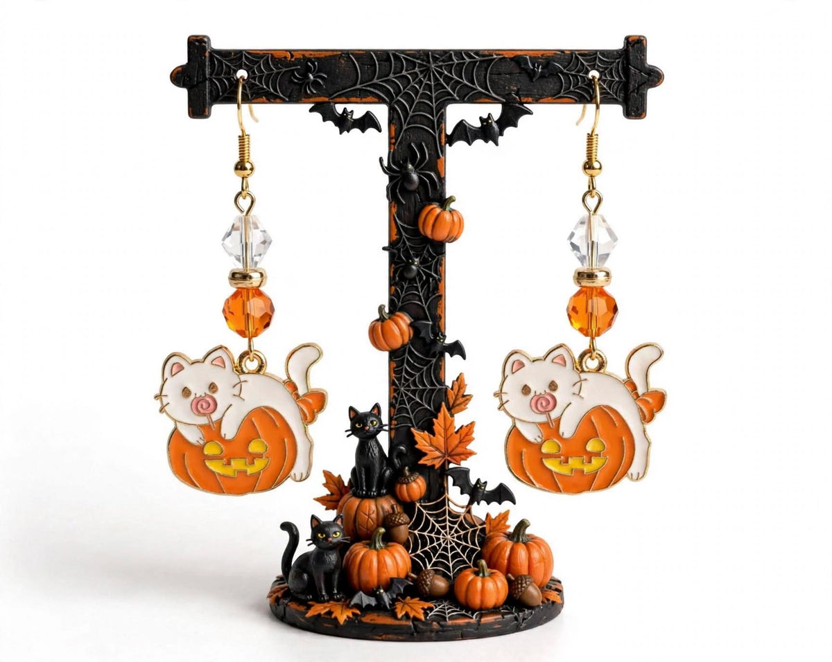 Halloween White Cat & Pumpkin Enamel Earrings - Festive Dangle Jewelry