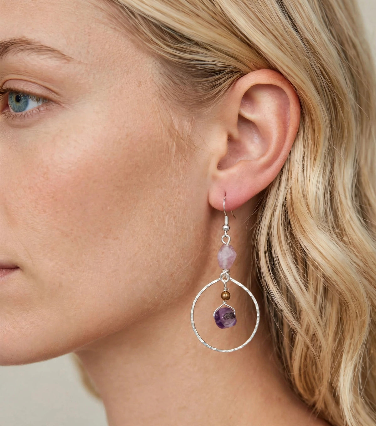 Pink & Purple Gemstone Metal Wire Earrings - Minimalist Dangle Jewelry