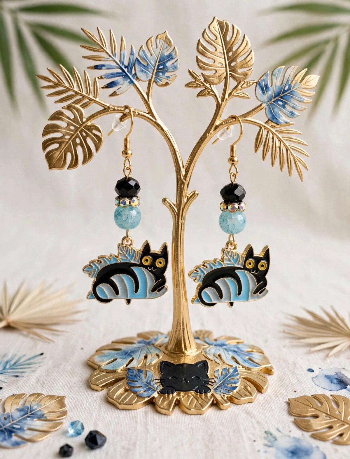 Playful Sugar Skull Cat Enamel Dangle Earrings – Halloween & Day of the Dead Jewelry