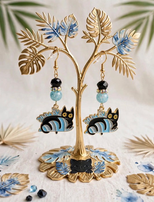 Playful Sugar Skull Cat Enamel Dangle Earrings – Halloween & Day of the Dead Jewelry