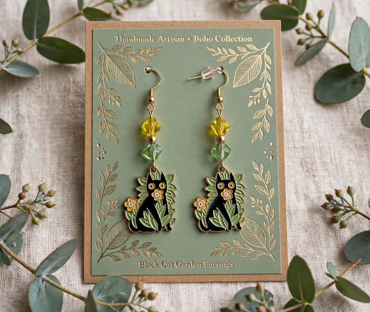 Flower Garden Black Cat Enamel Earrings - Whimsical Dangle Jewelry