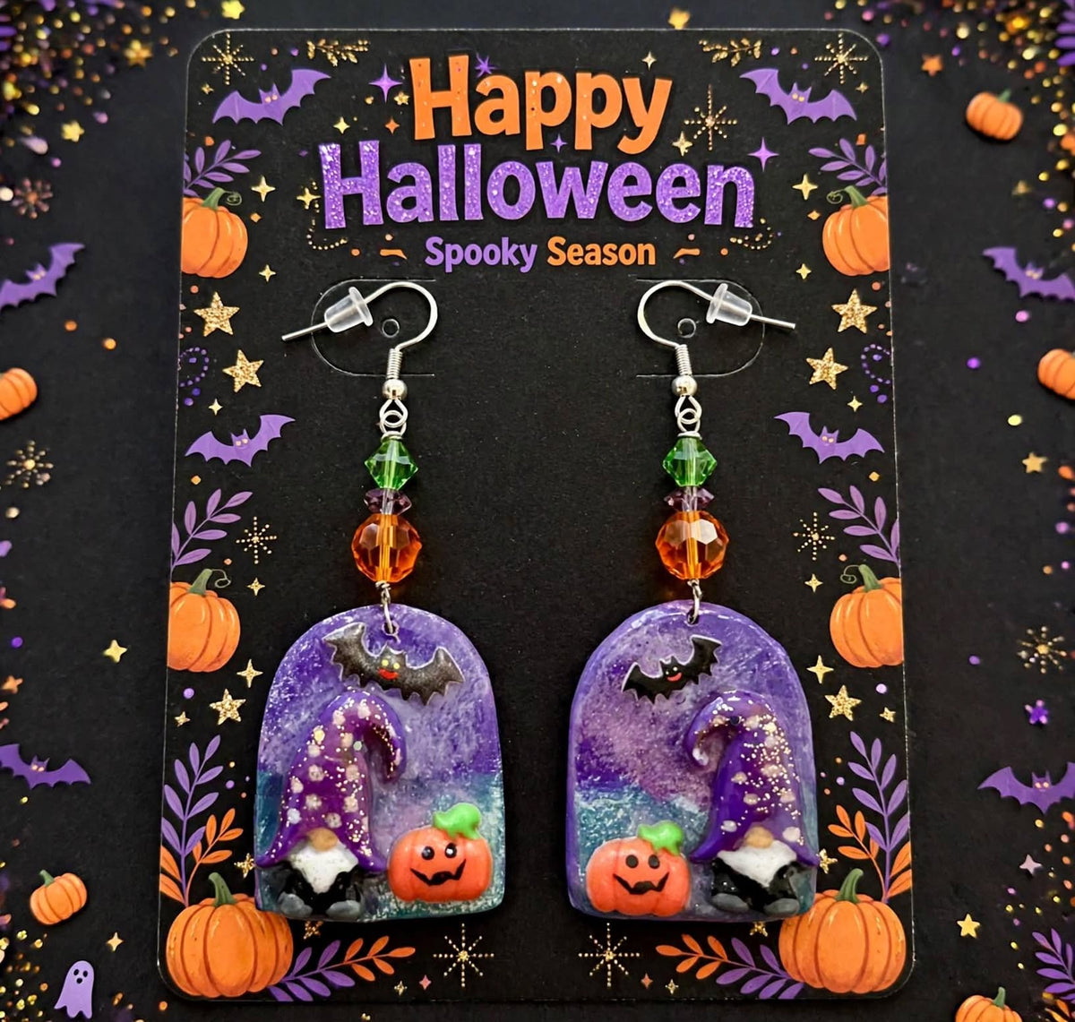 Handmade Halloween Gnome Dangle Earrings - Clay and Resin with Pumpkin & Bat Accents