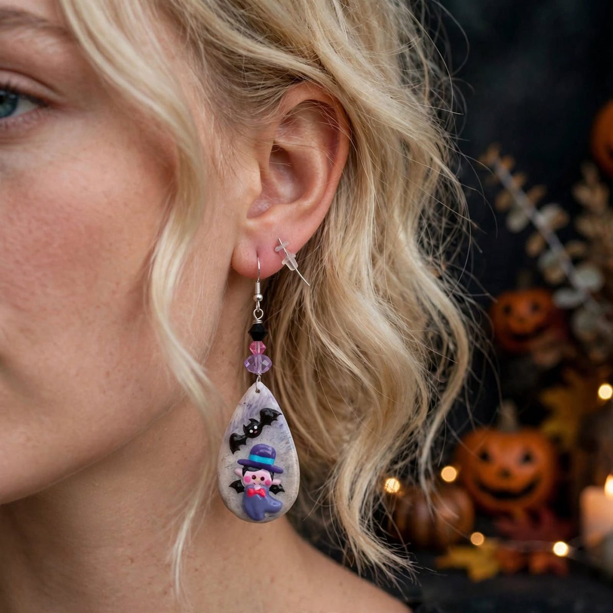 Handmade Halloween Cute Vampire Witch Bat Teardrop Earrings - Clay & Resin Design