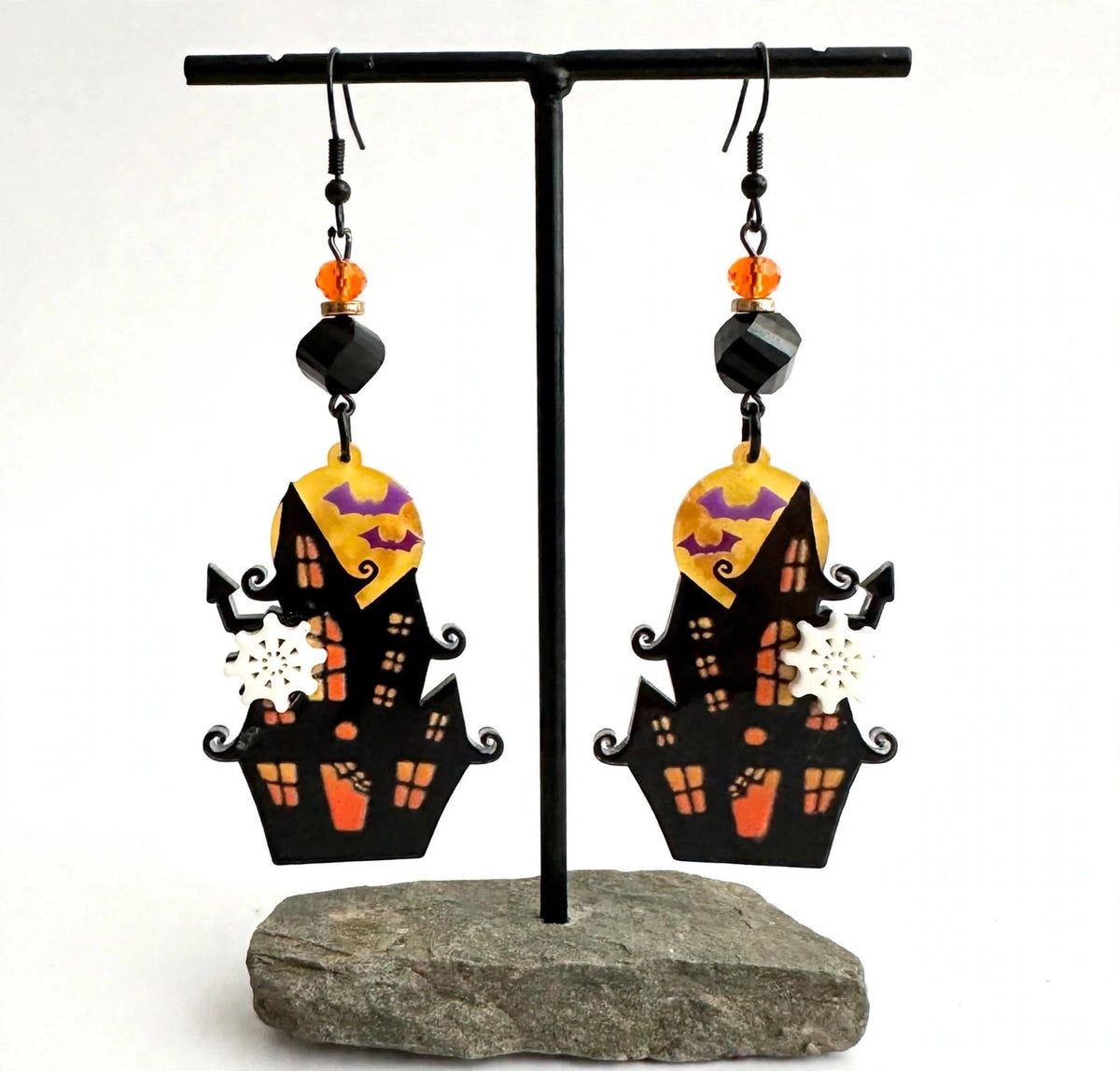 Haunted House Full Moon Acrylic Earrings - Halloween Dangle Jewelry