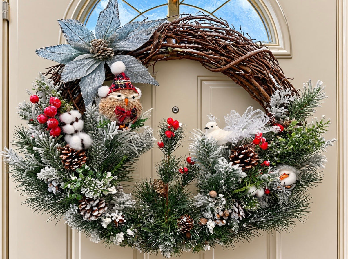 Frosted Winter  Christmas Wreath, Grapevine Wreath with Blue Poinsettia, Pinecones, Red Berries and White Birds