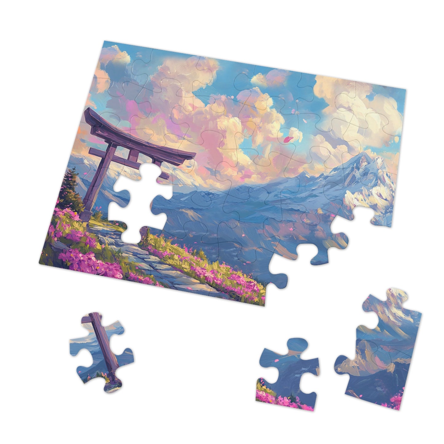 Serene Torii Gate Jigsaw Puzzle with Tin - Japanese Cherry Blossom Mountain Landscape