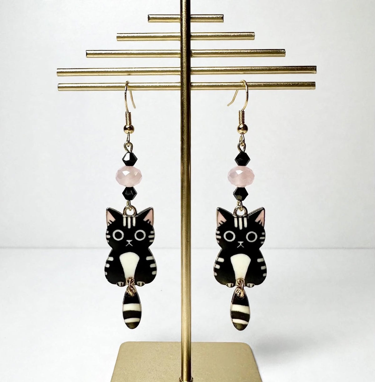 Swinging Cutie Kitty - Wide-eyed Black Cat Enamel Earrings - Dangle Jewelry
