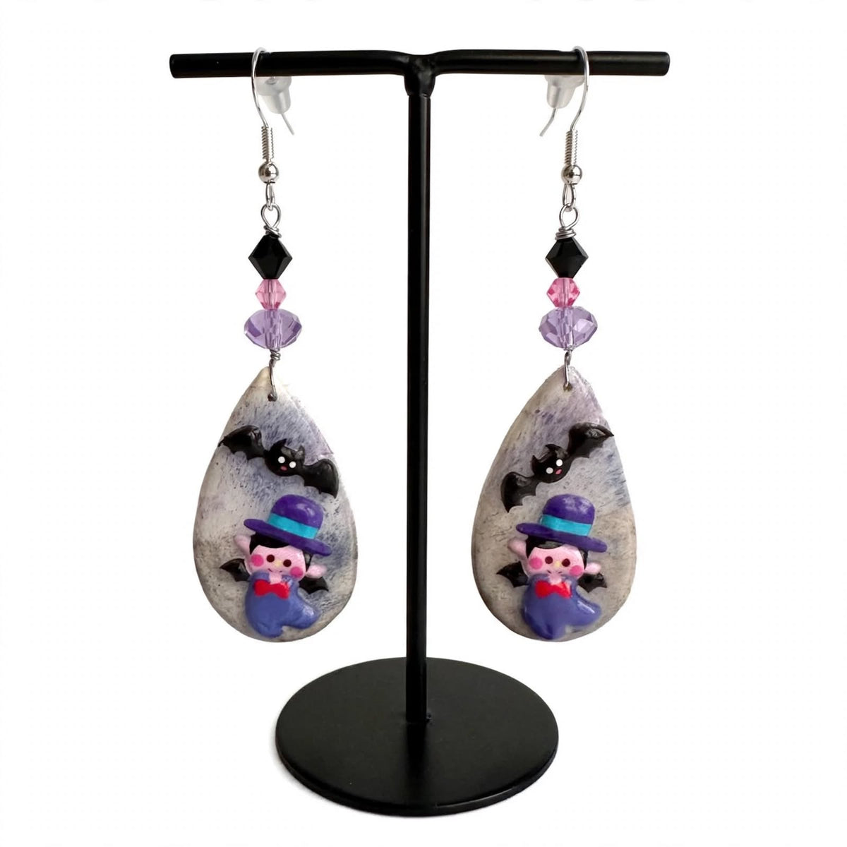 Handmade Halloween Cute Vampire Witch Bat Teardrop Earrings - Clay & Resin Design