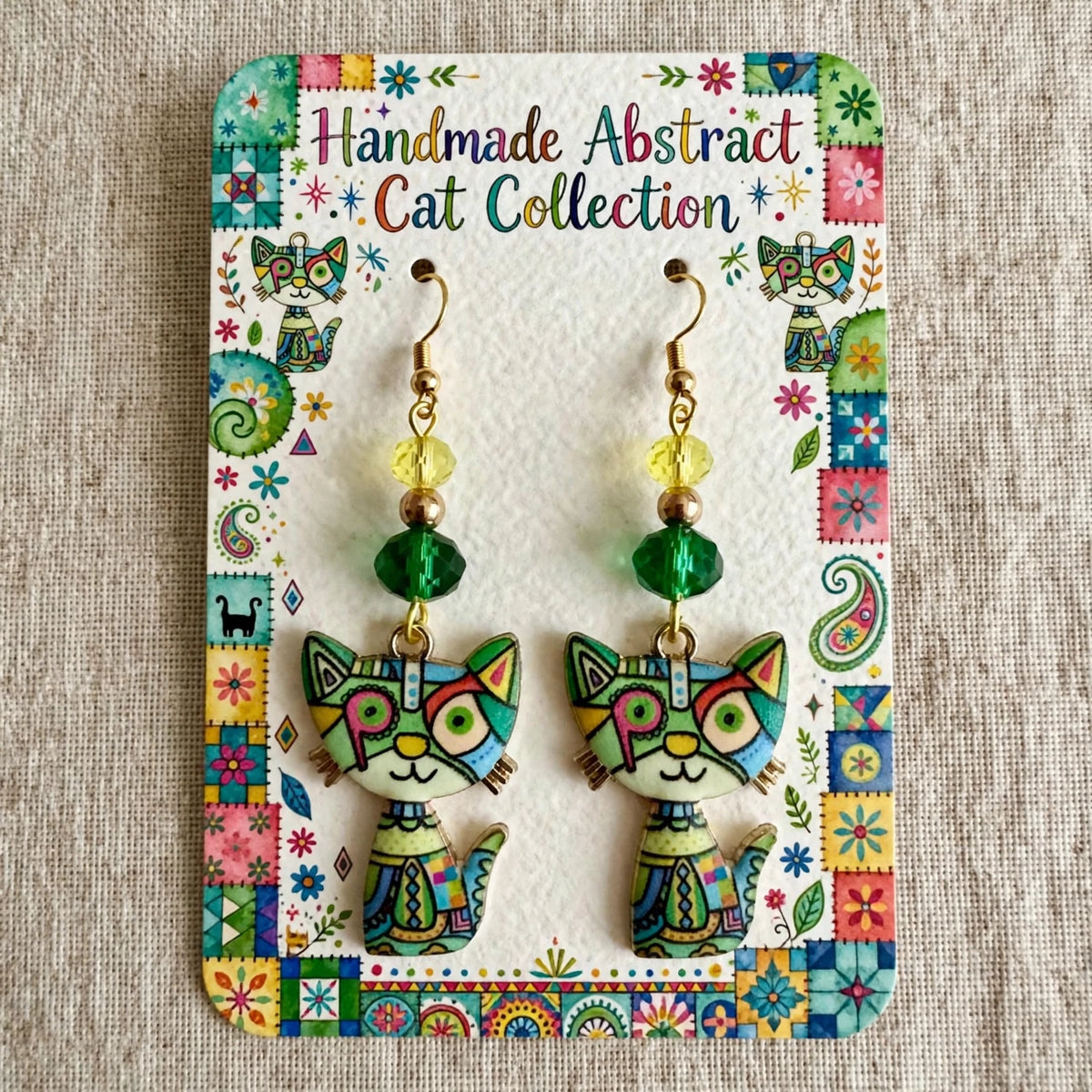 Green Colorful Cat Enamel Charm Earrings - Abstract Dangle Jewelry