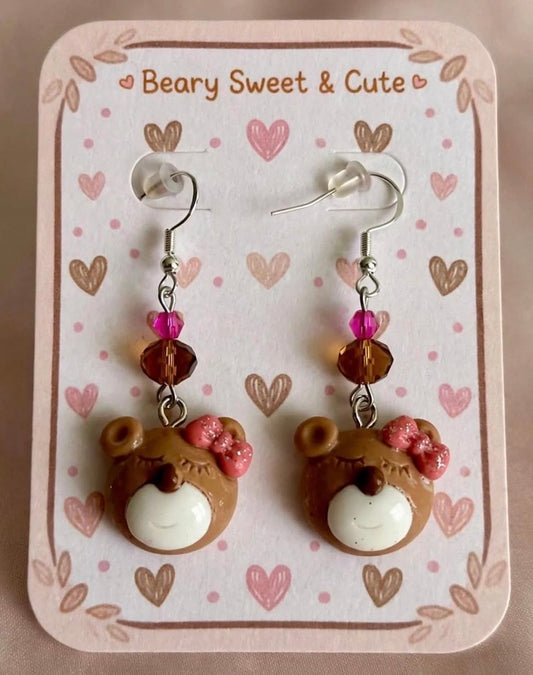 Sweet Bear Pink Bow Earrings - Clay & Resin Charming Jewelry