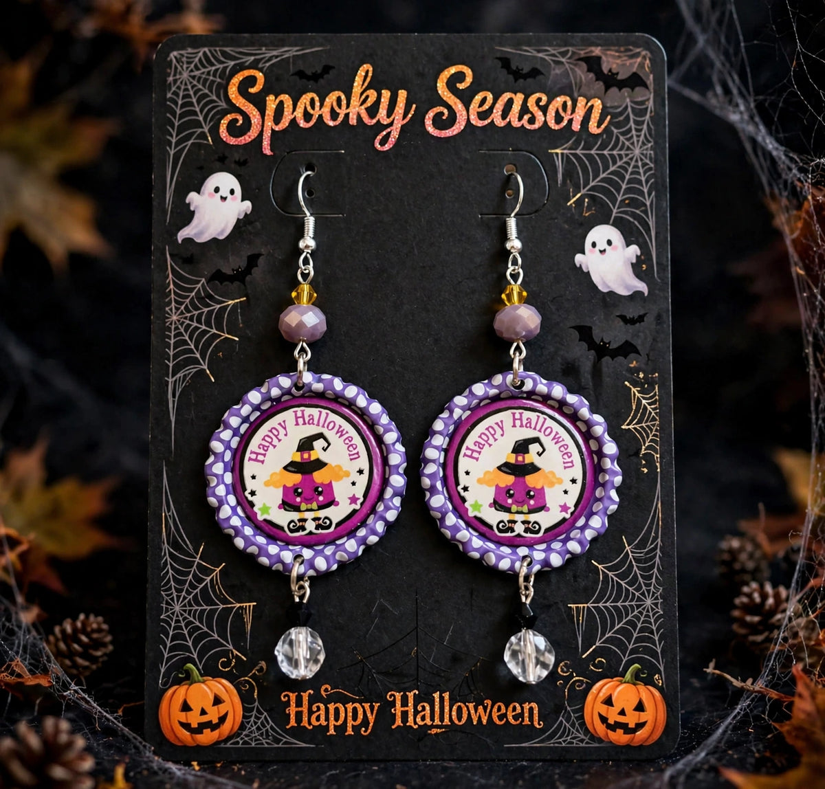 Happy Halloween Purple Witch Bottlecap Earrings - Festive Dangle Jewelry