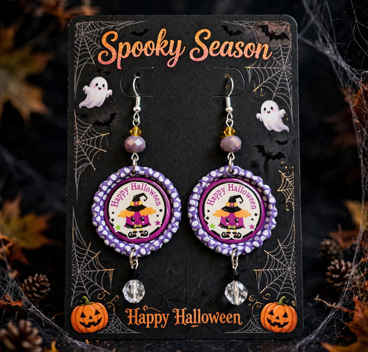 Happy Halloween Purple Witch Bottlecap Earrings - Festive Dangle Jewelry