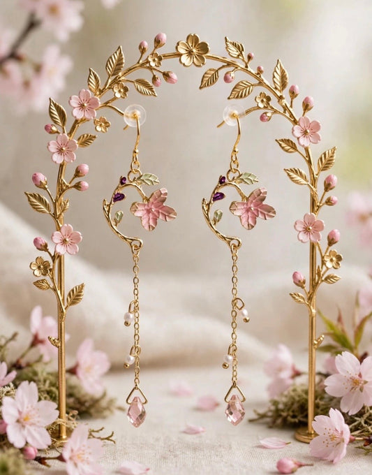 Floral Enamel Stud Dangle Earrings with Gold Chain and Glass Crystal Accents