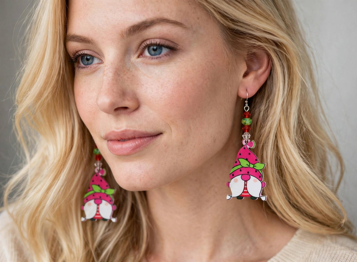 Watermelon Gnome Design Acrylic Earrings - Cute Dangle Jewelry