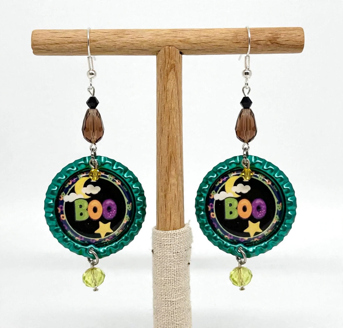 Halloween Boo Bottlecap Earrings - Spooky Cute Dangle Jewelry