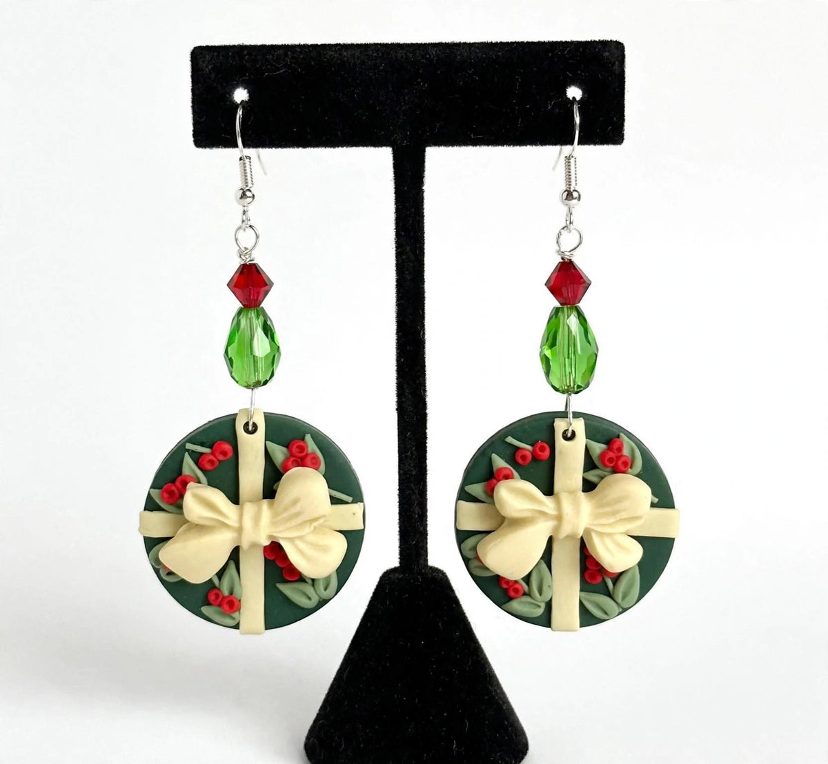 Rounded Holiday Bow Clay & Resin Earrings - Holiday Dangle Jewelry