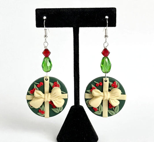Rounded Holiday Bow Clay & Resin Earrings - Holiday Dangle Jewelry