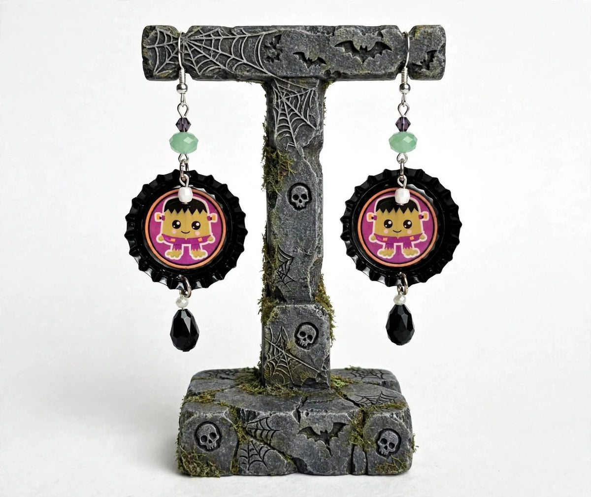 Halloween Frankensteins Monster Bottlecap Earrings - Spooky Cute Dangle Jewelry