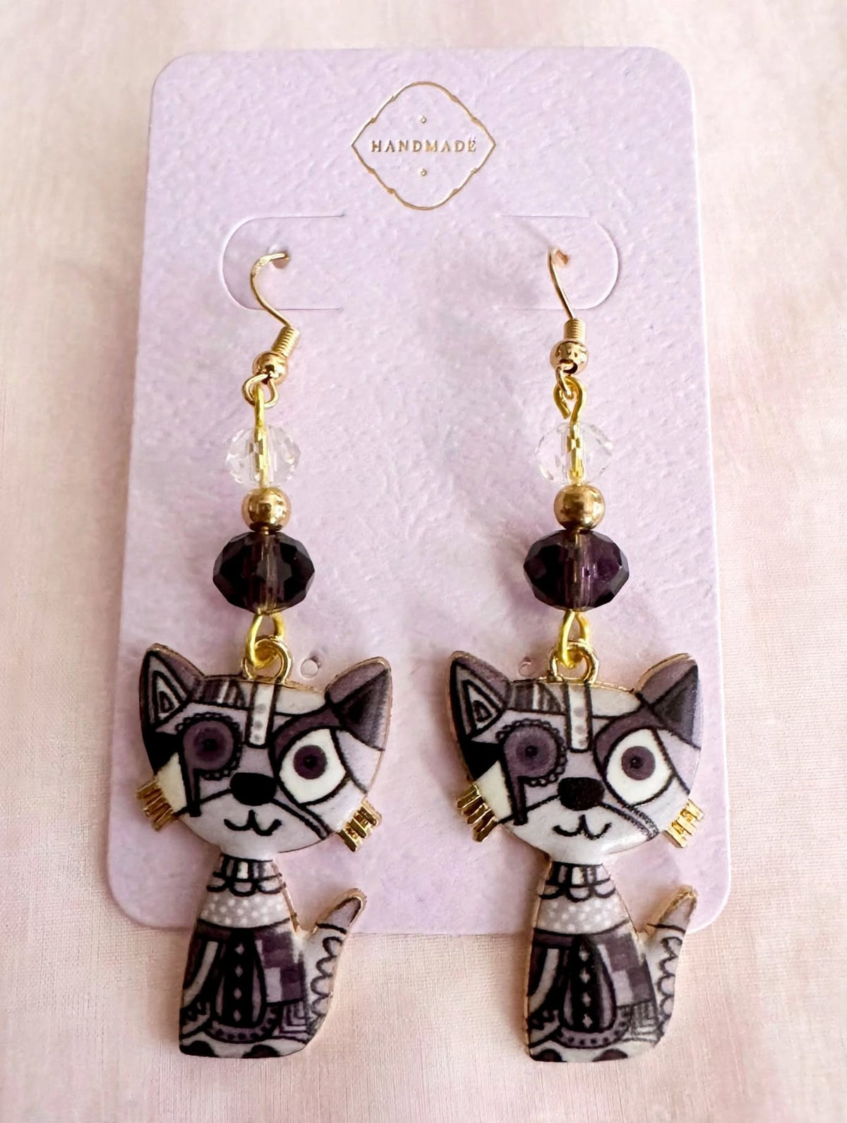 Black Colorful Cat Enamel Charm Earrings - Abstract Dangle Jewelry