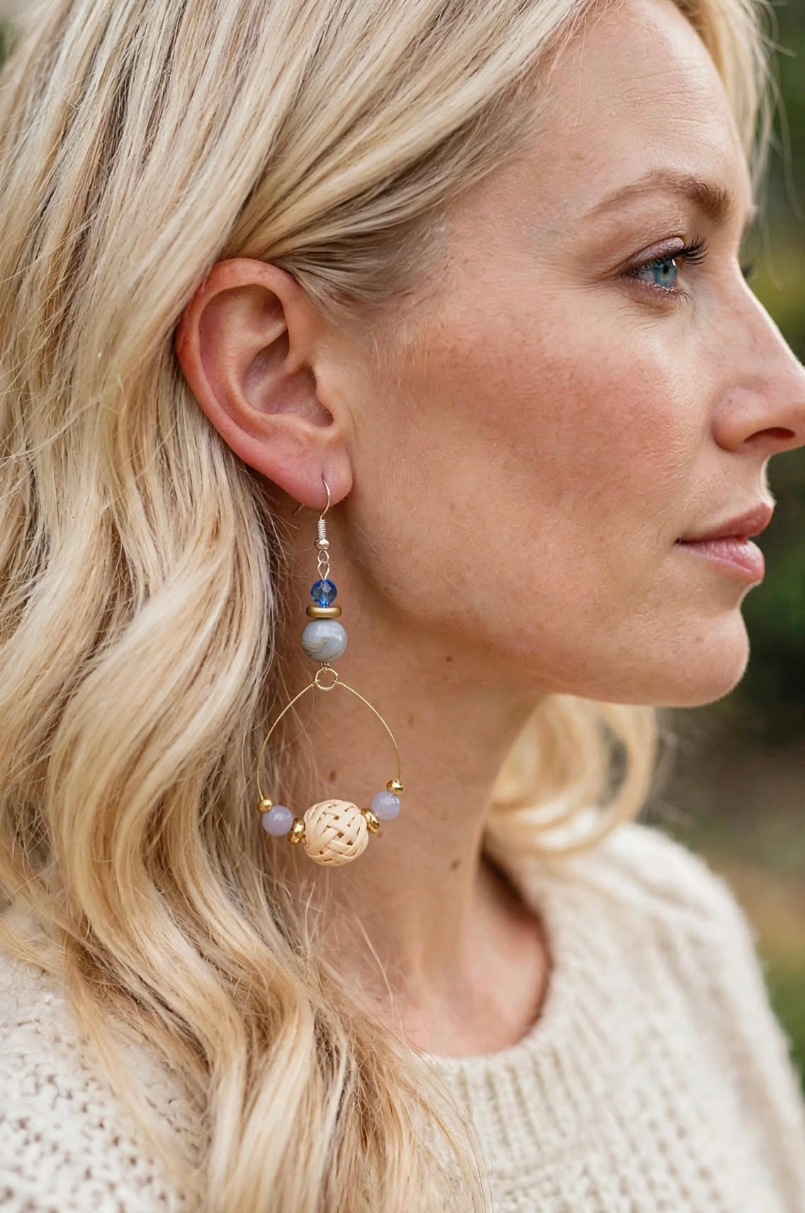 Handmade Boho Dangle Earrings - Blue Crystal, Gray Agate, Lavender Agate and Natural Rattan Earrings