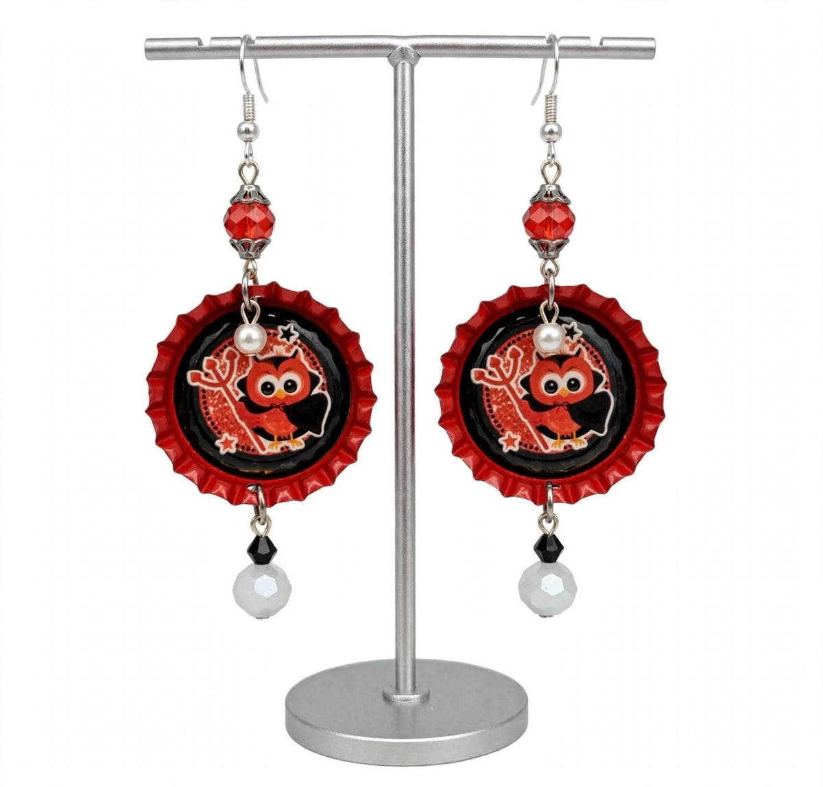 Delightfully Evil Owl Bottlecap Earrings - Cute Dangle Jewelry